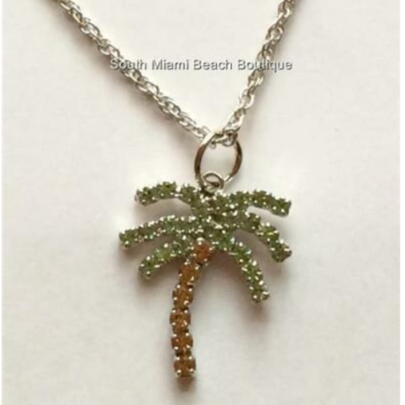 Crystal Palm Tree Necklace 24" Silver Plated Coconut Island X-Long Beach - Picture 5 of 8